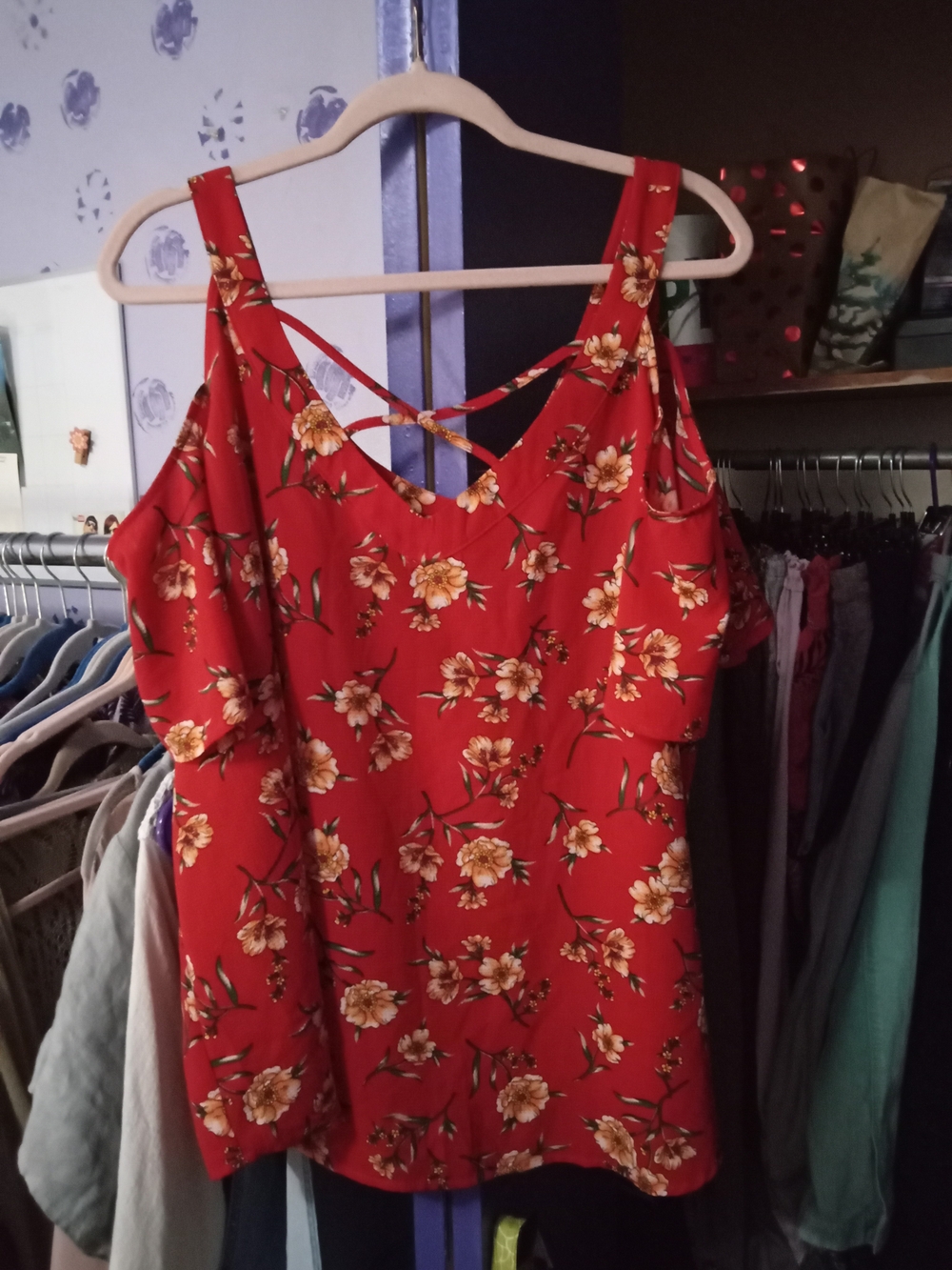 Flower And Feather Floral Cold-Shoulder V-Neck Blouse - Red
